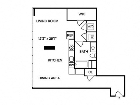 Floor plan for studio, 1 bath, 829 sqft